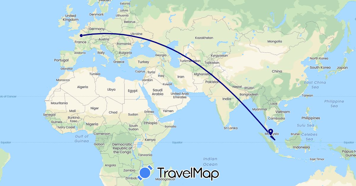 TravelMap itinerary: driving in France, Malaysia, Singapore (Asia, Europe)